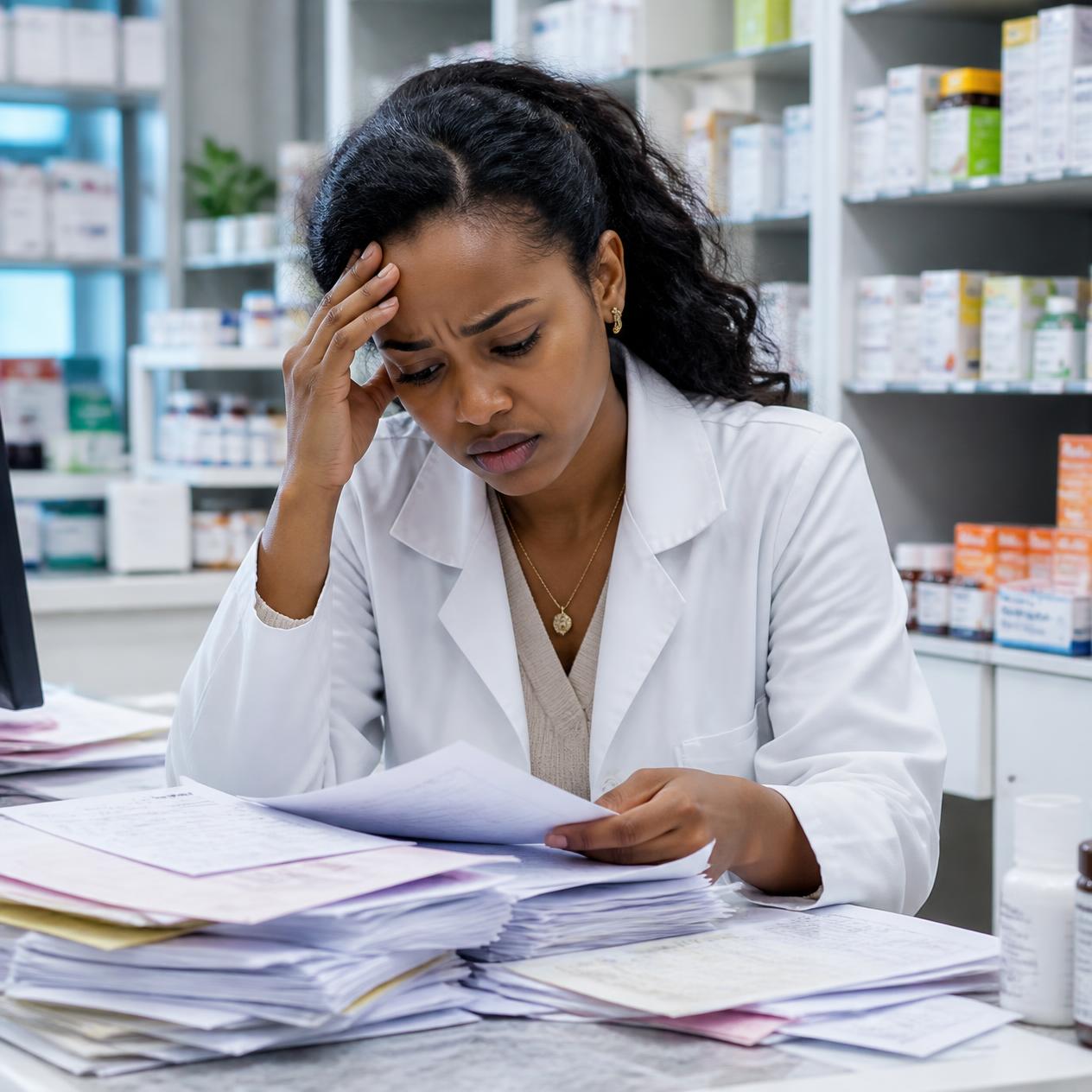 Pharmacist struggling with paperwork